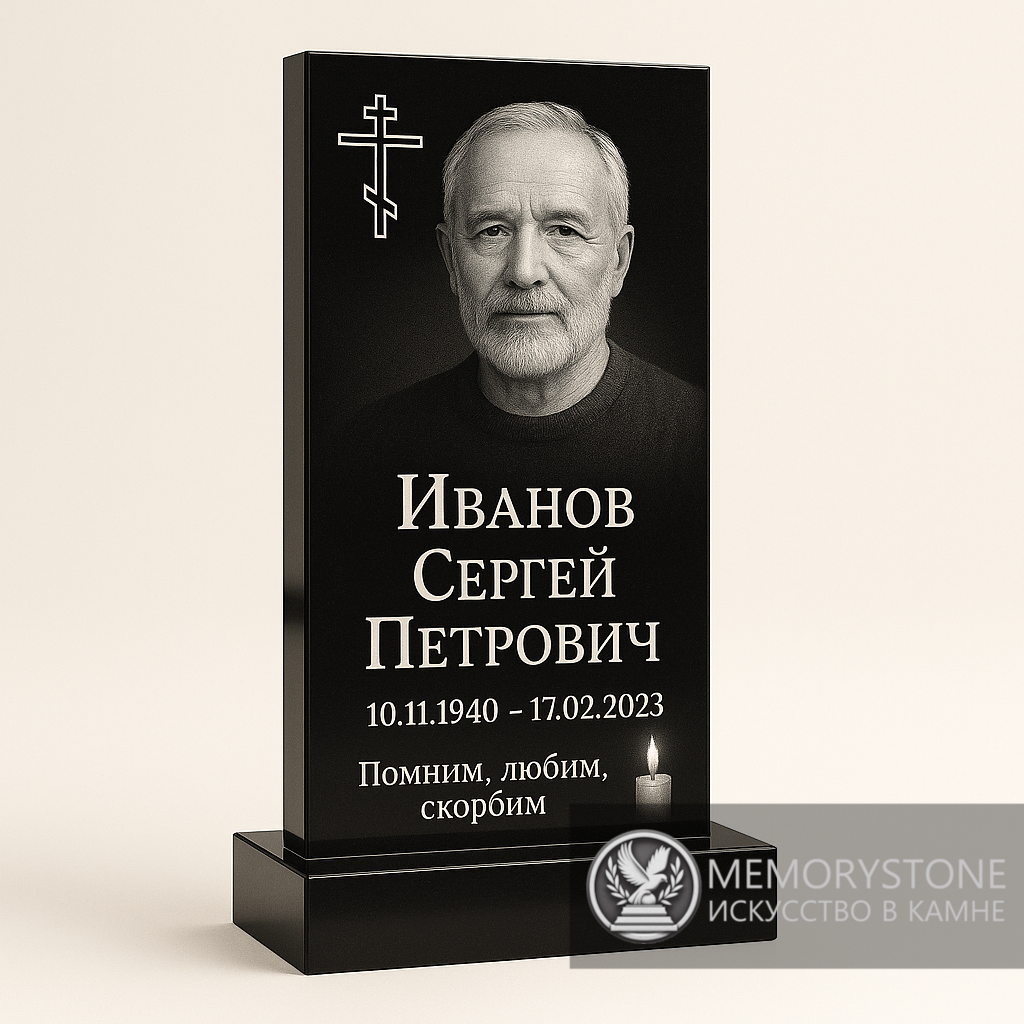 Памятник из черного гранита с изображением пожилого мужчины и гравированной свечой внизу