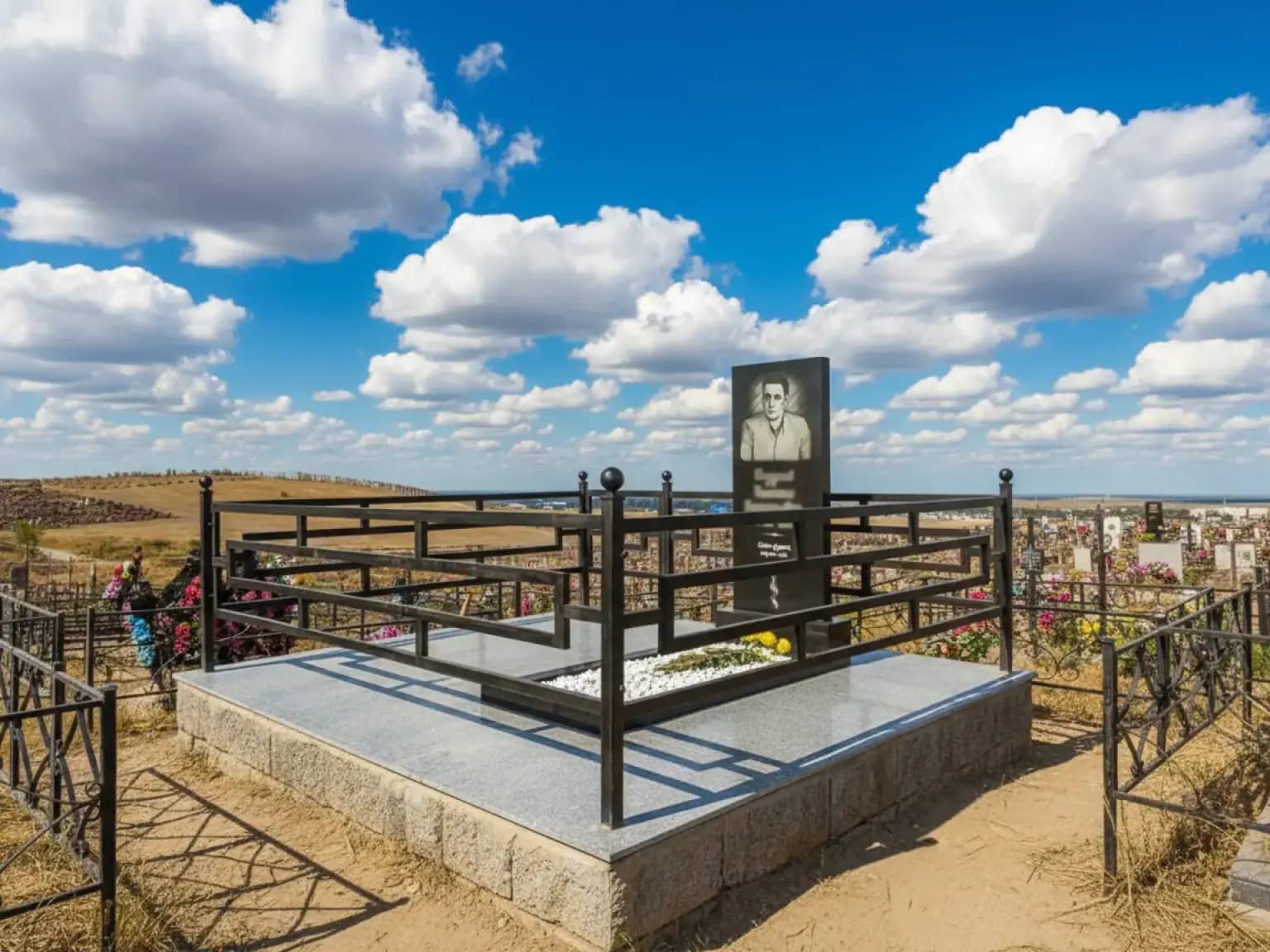 Памятник из зеленого гранита мусульманский в ареке на могилу в Аксу, гранитная ограда в Аксу