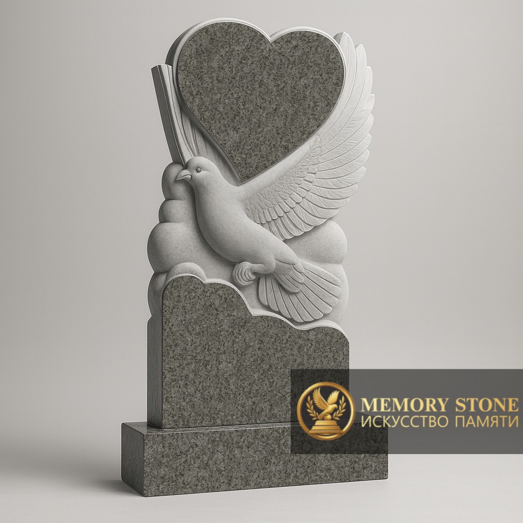 Резной памятник из гранита в виде сердца с голубем — Тёплая гамма и гармоничное оформление