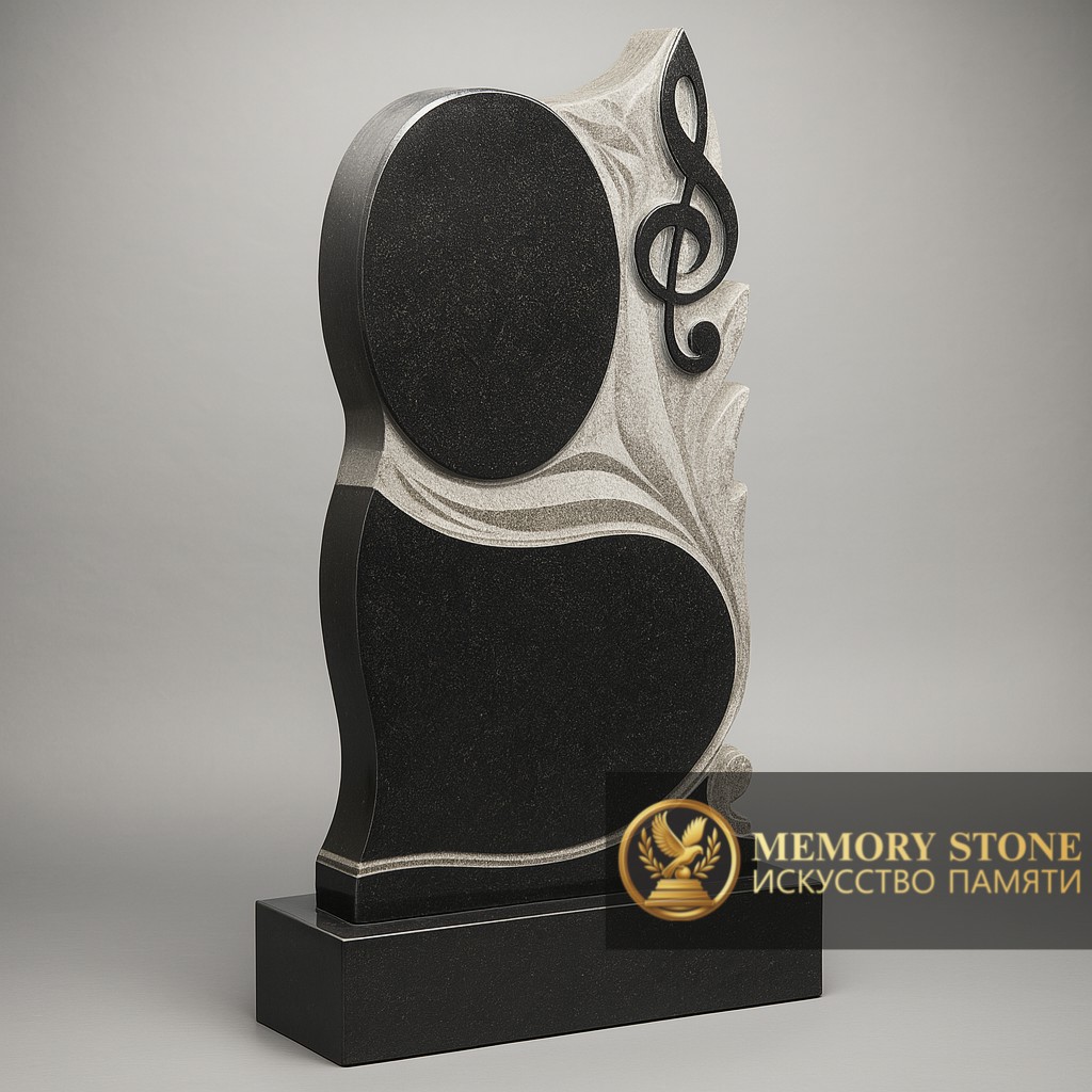 Резной памятник с нотой из черного гранита в Алматы — Сдержанная красота натурального камня