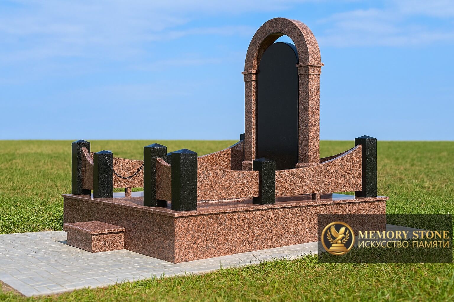 Памятник с оградой из черного гранита в Алматы