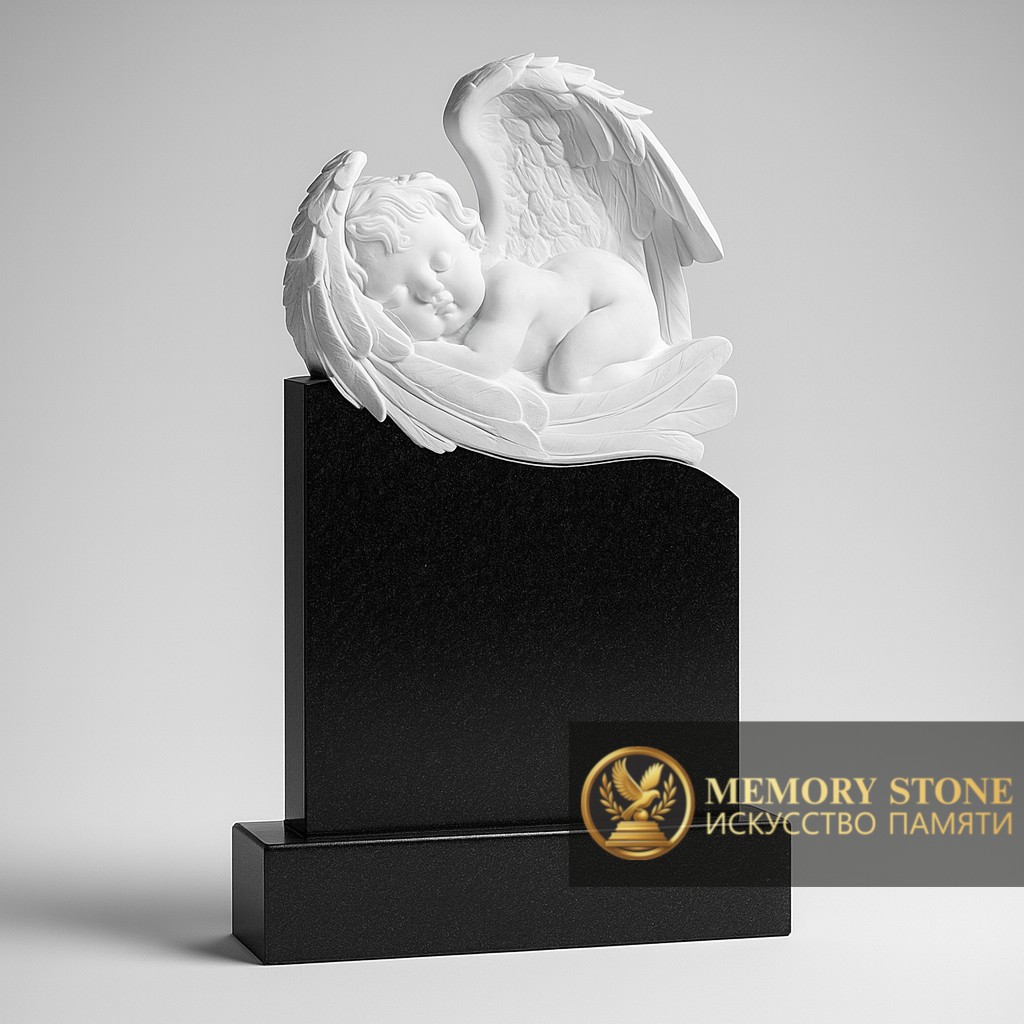 элитная скульптурная композиция с белой фигурой херувима на черном постаменте