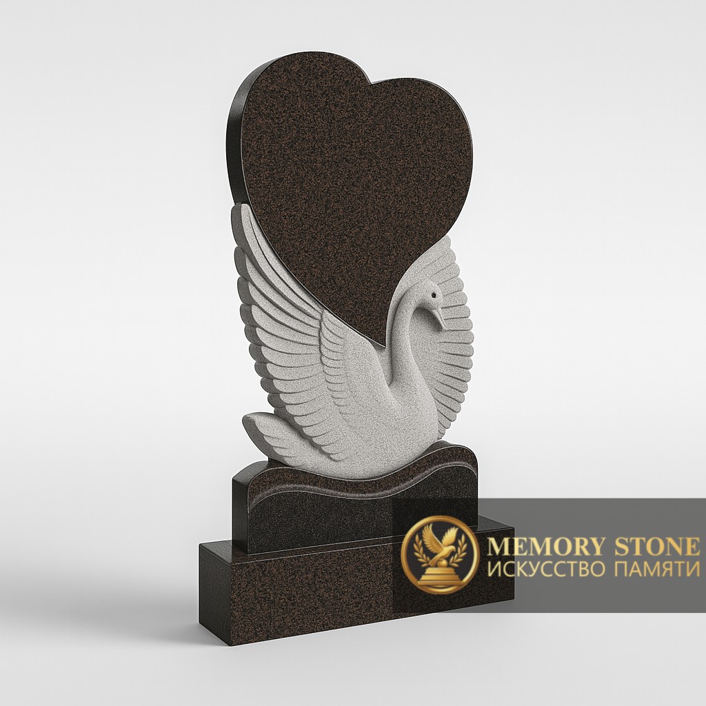 трогательная ритуальная плита в форме сердца с резной птицей сбоку