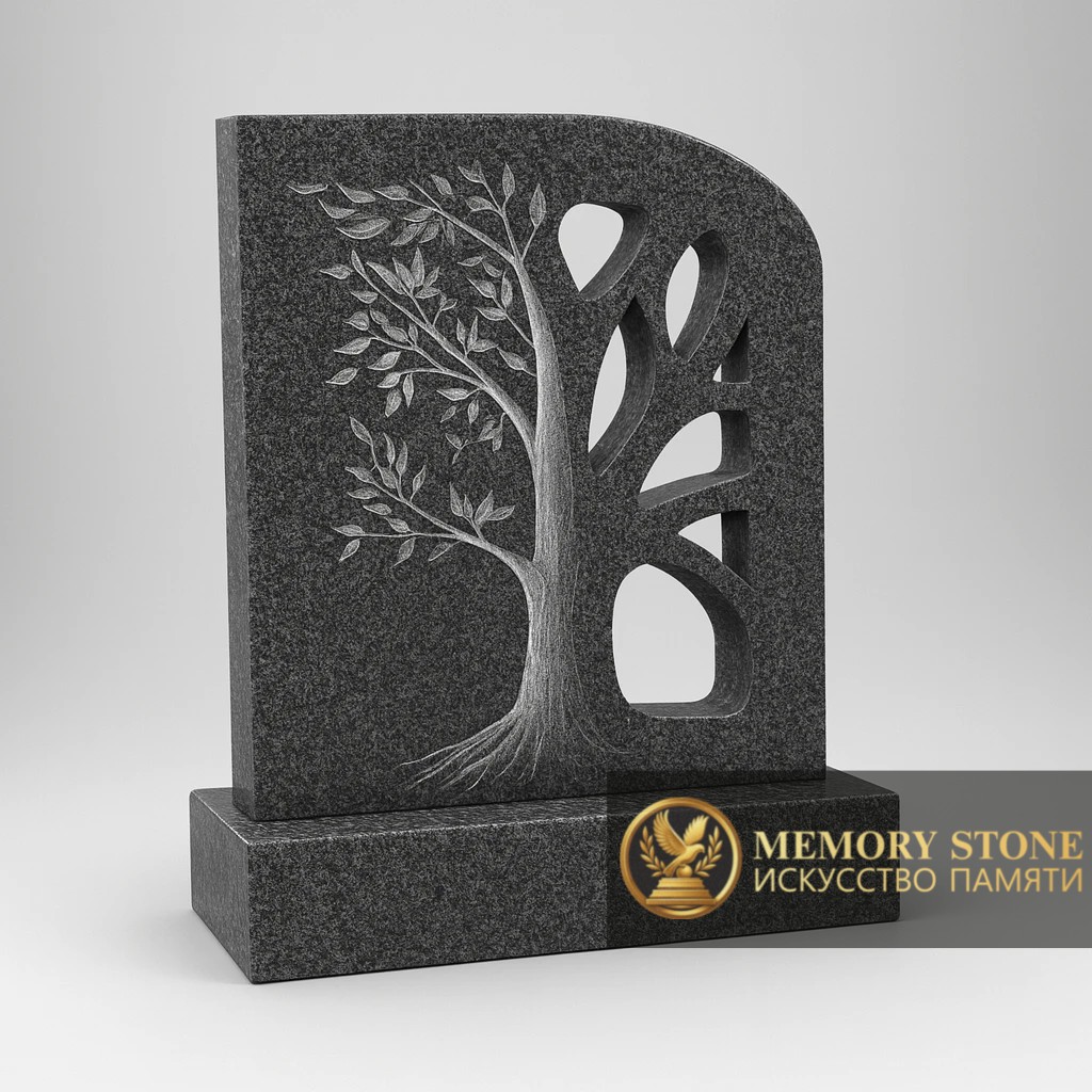 прямоугольный памятник с прорезным силуэтом дерева и птицами