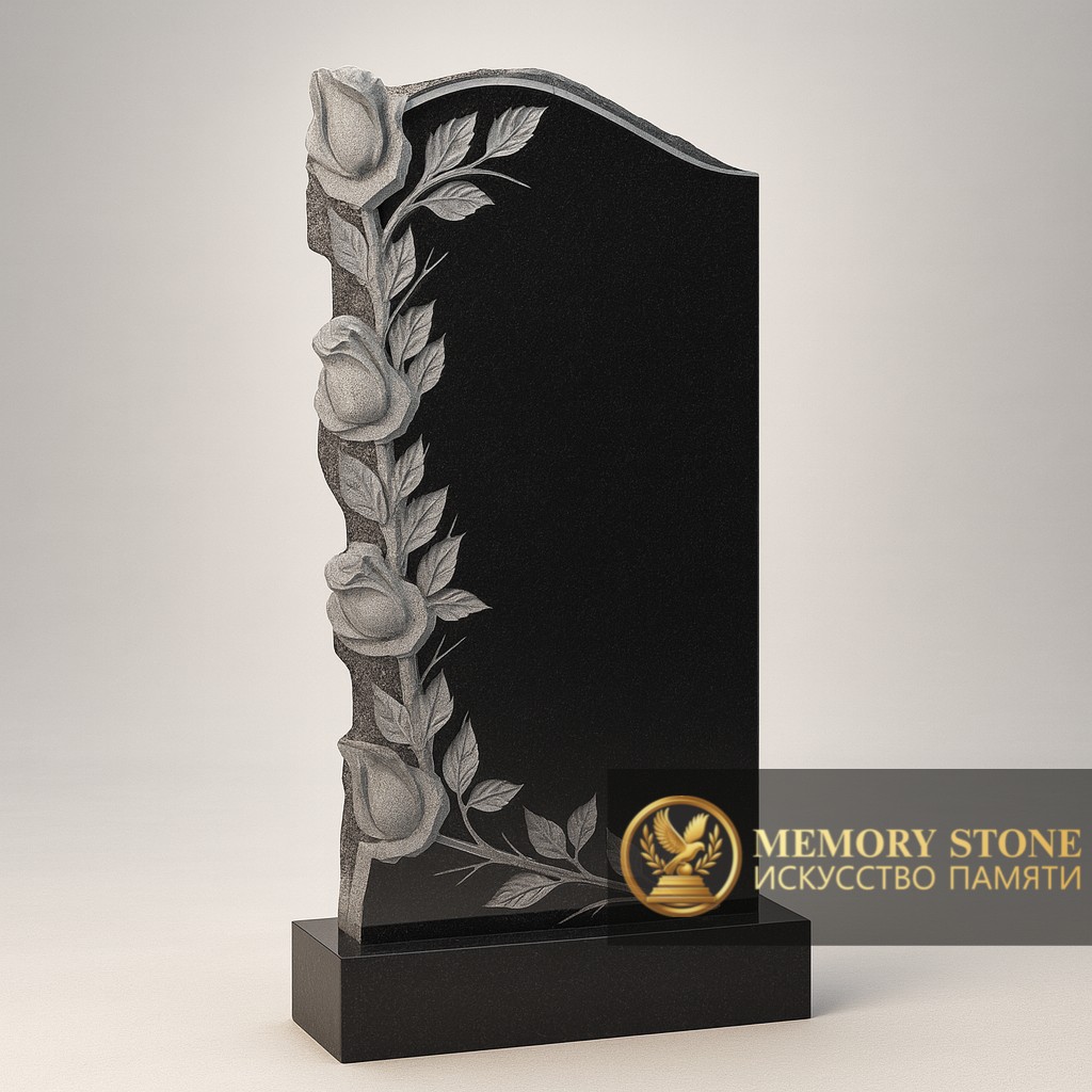 Резной памятник с цветами из черного гранита — Природное совершенство и аккуратность линий