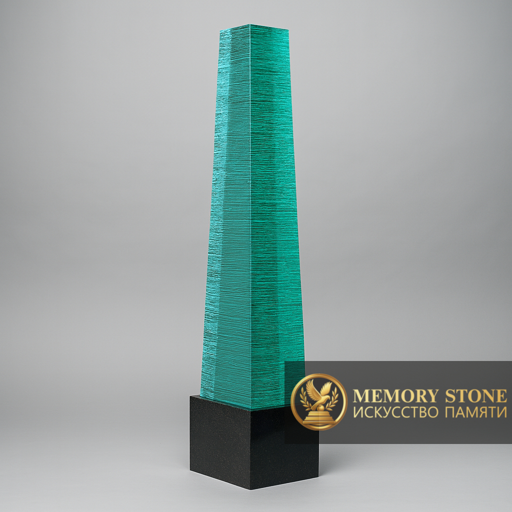 уникальный памятник стела из зеленого стекла с фактурой скола на гранитной подставке
