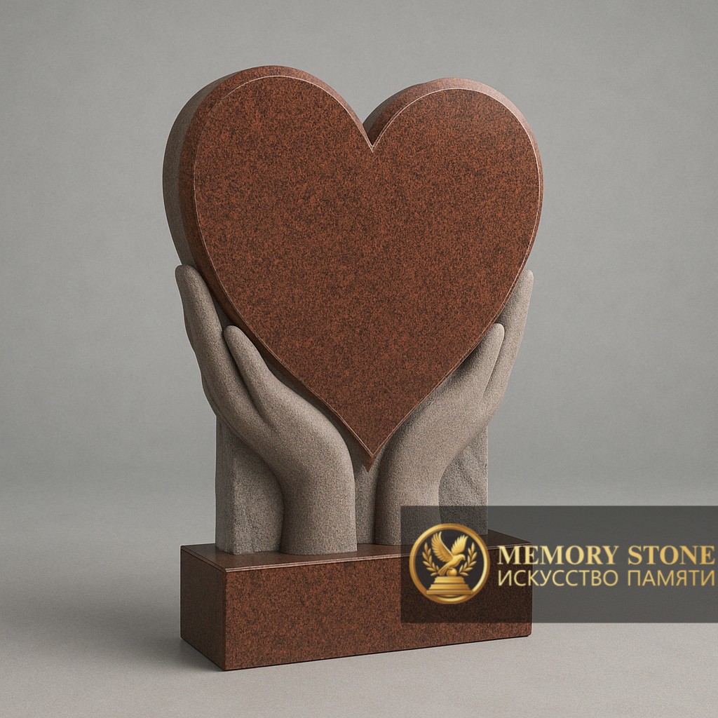 трогательная скульптура светлые ладони держащие красное сердце на могилу