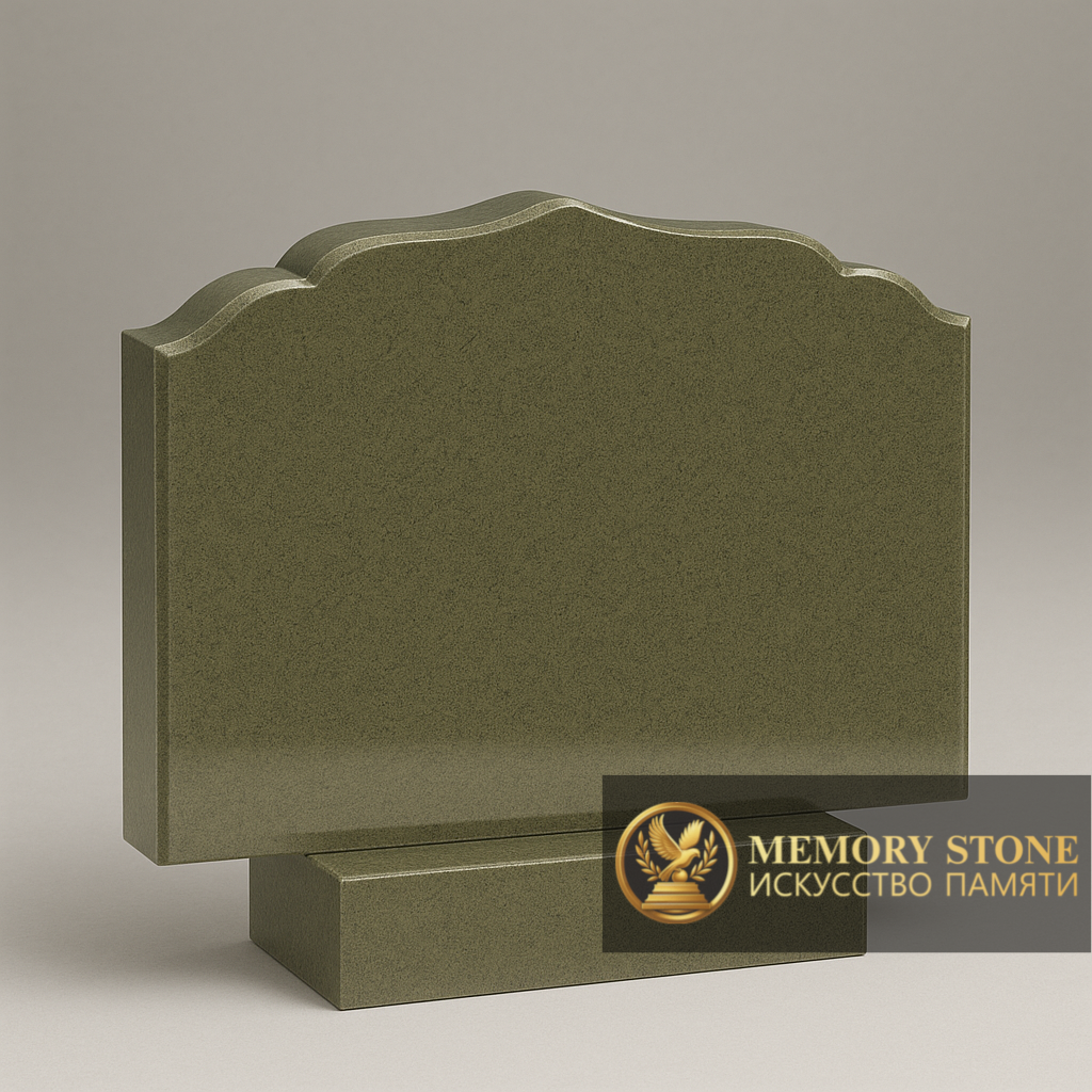 широкое надгробие болотного цвета фигурной формы для двойной могилы