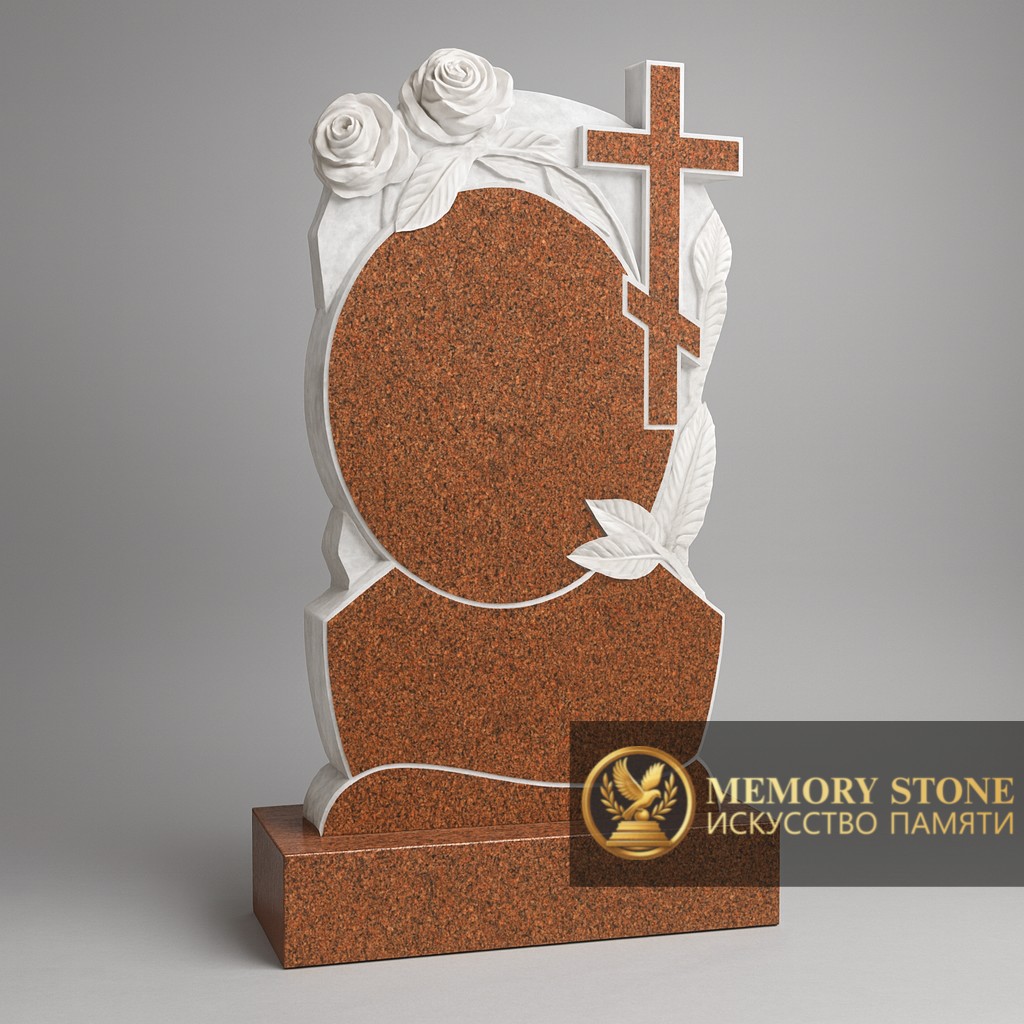 Резной памятник с розами и крестом в Алматы — Камень, который говорит сам за себя