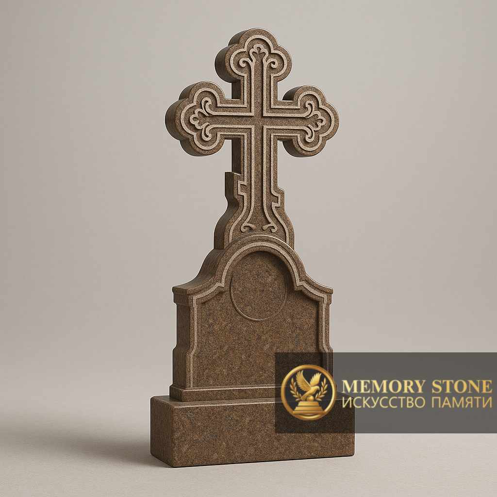 Резной памятник крест из коричневого гранита в Алматы — Природная мощь, превращённая в искусство