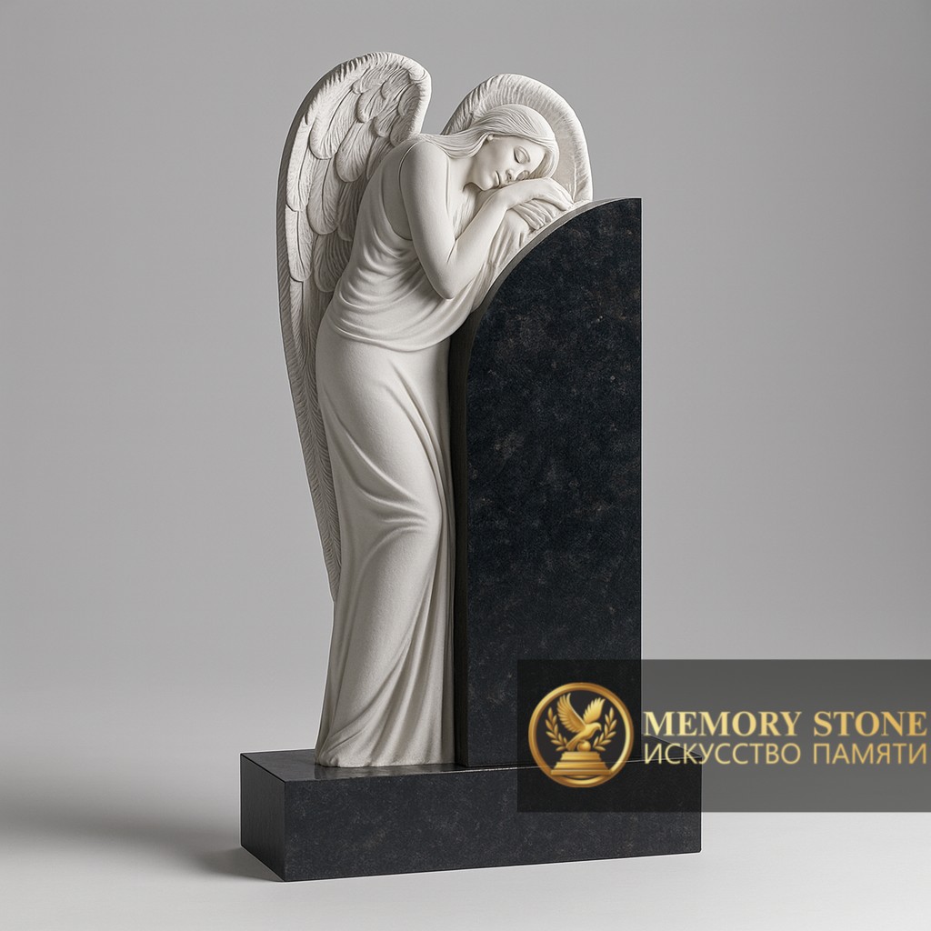вертикальное надгробие с белой мраморной скульптурой ангела,