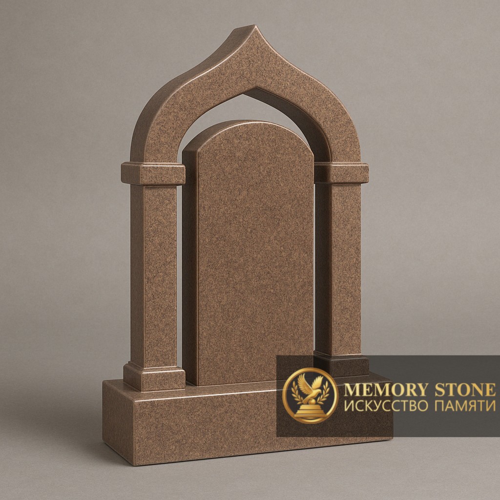 сводчатое надгробие портального типа с колоннами из коричневого камня на кладбище
