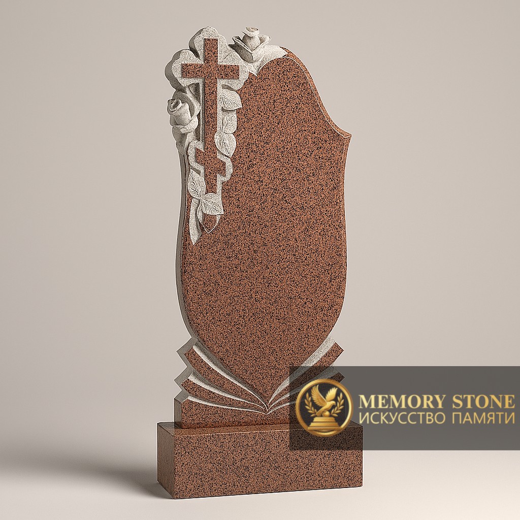 ритуальная плита красного цвета с барельефом распятия и плащаницей