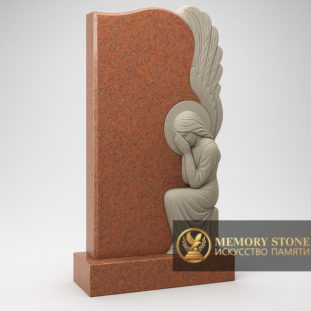 Надгробие с ангелом из красного гранита — трогательная композиция и чистая форма