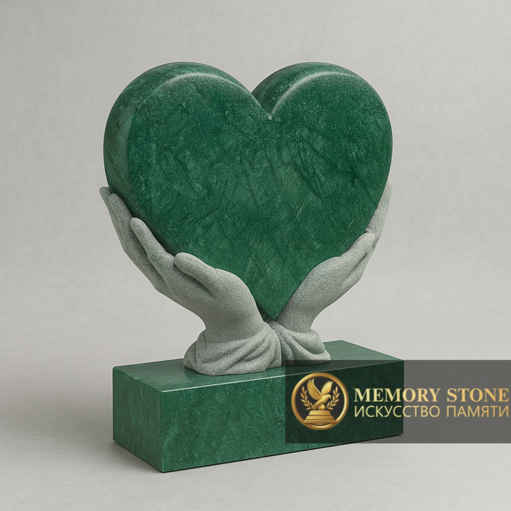 фигурное надгробие в виде сердца которое держат ладони из натурального камня