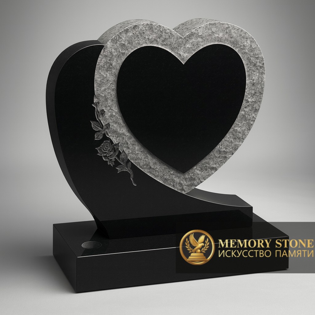 черная плита в виде сердца с гравировкой цветов на лицевой части