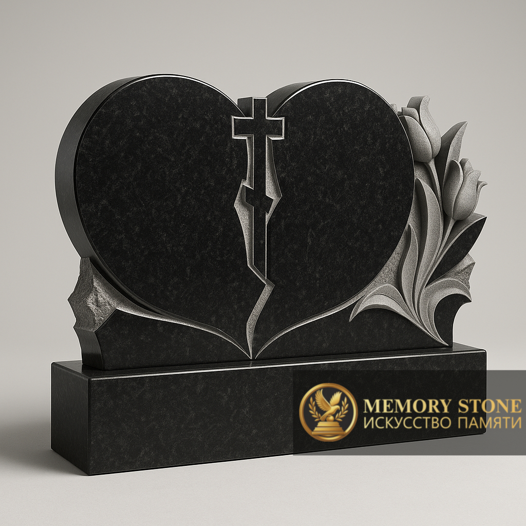 Семейный горизонтальный памятник в виде сердца из черного гранита 