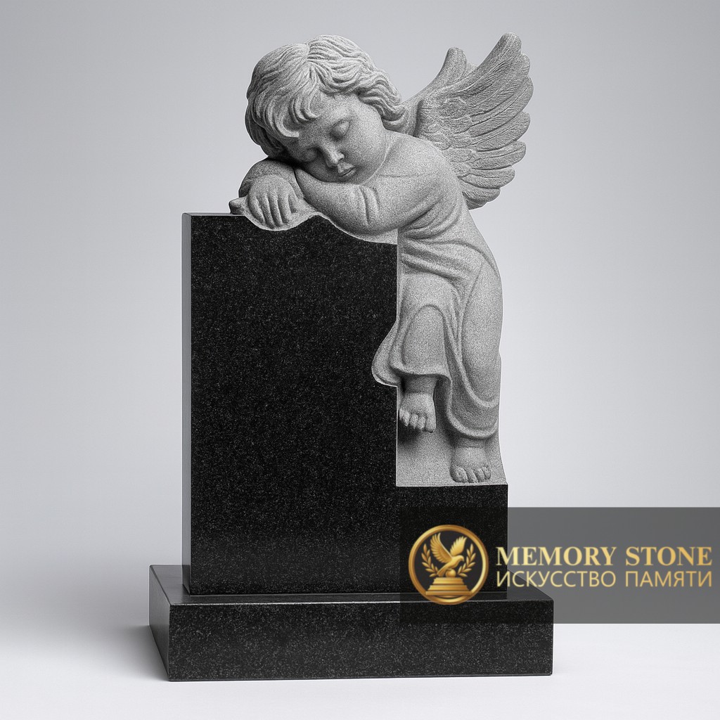 скульптура херувима из белого камня на черной плите для ребенка