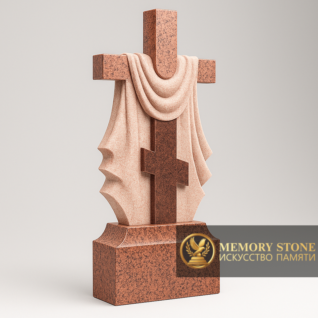 православный памятник в виде креста с резной тканью из натурального красного камня
