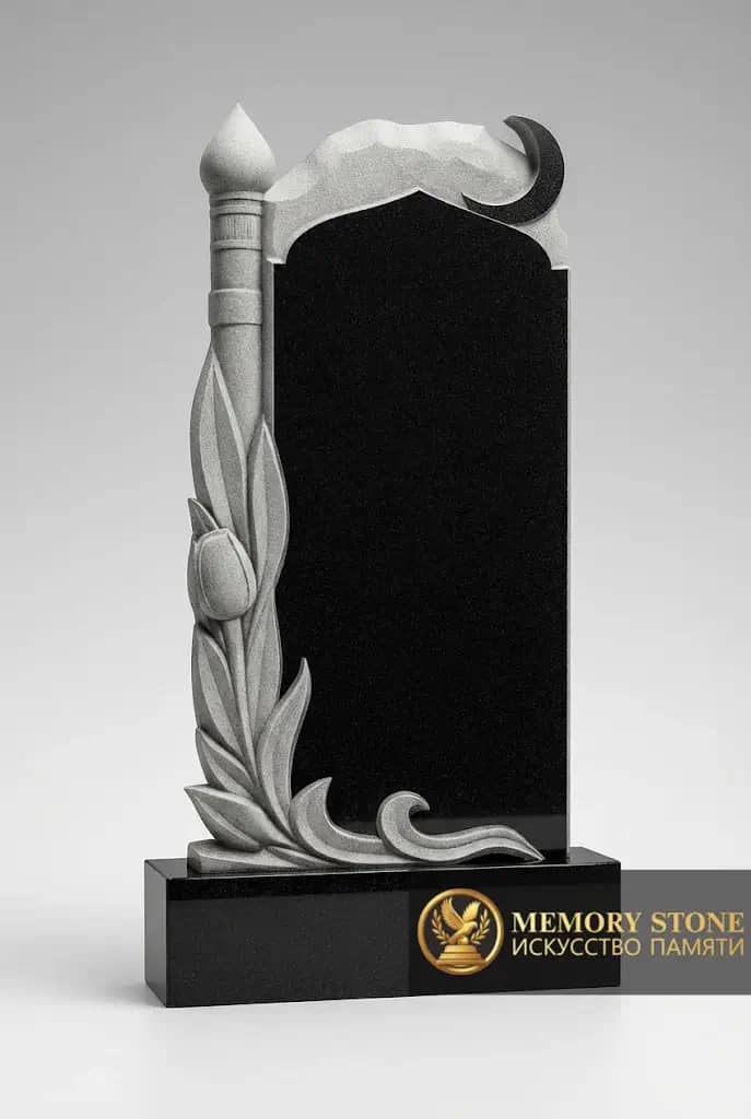 Женский мусульманский памятник из черного гранита с резными цветами BG18