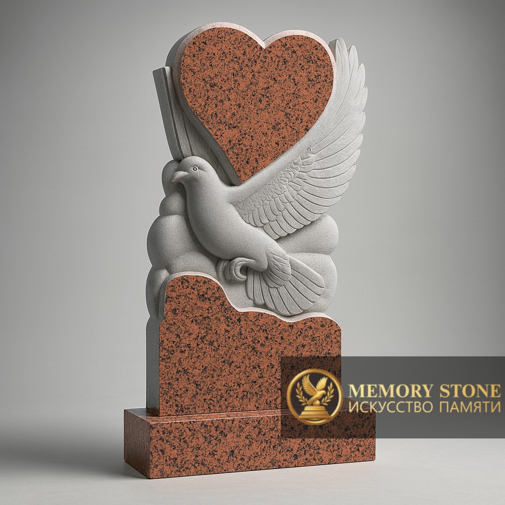 трогательная мемориальная композиция в форме сердца с резным голубем из красного камня