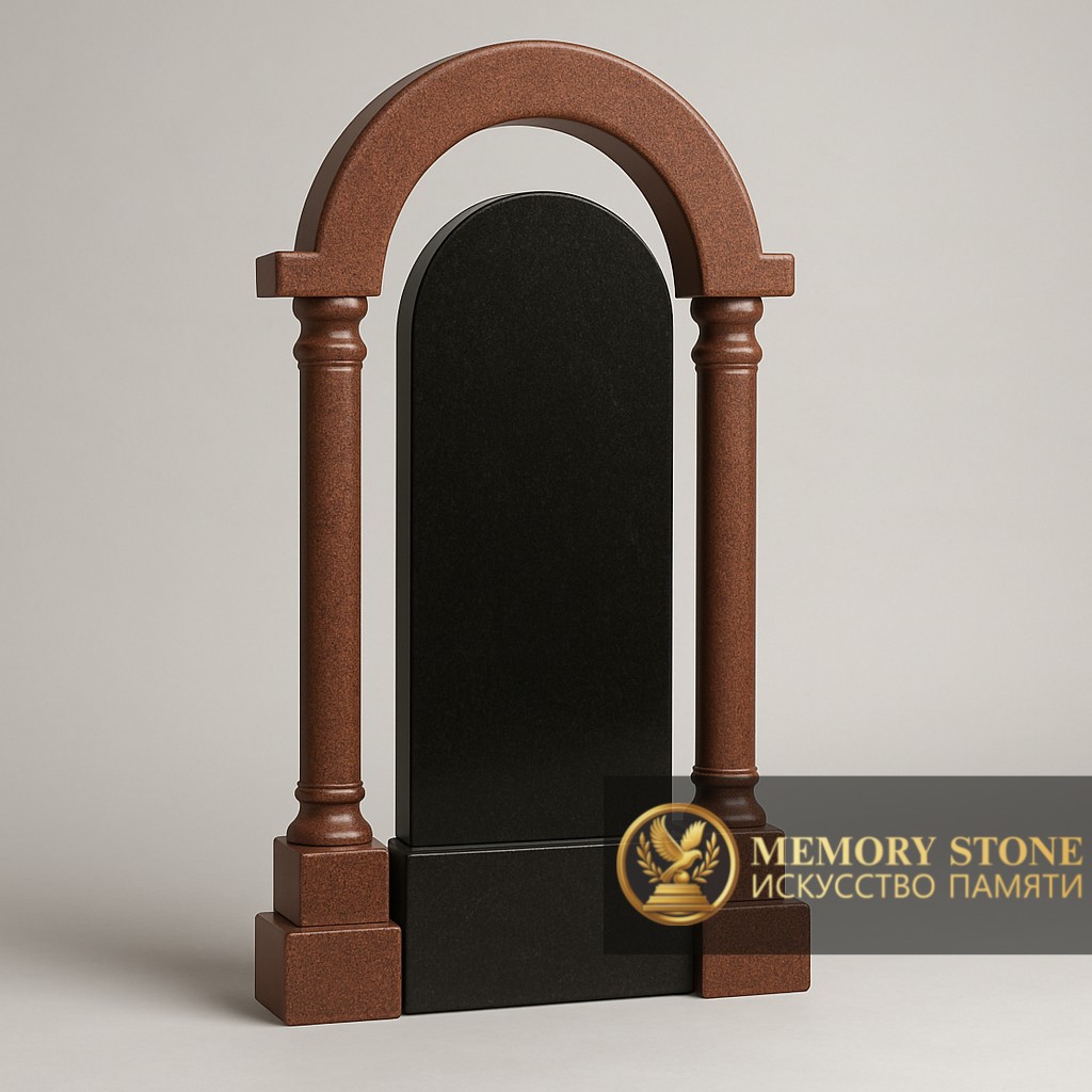 элитный памятник из коричневого камня с черной вставкой и классическими колоннами