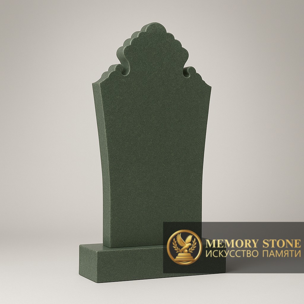 традиционная плита с фигурным навершием в виде мечети из зеленого камня на могилу