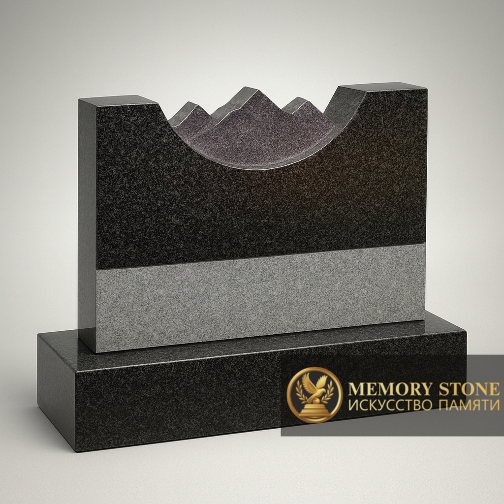 широкое двойное надгробие черного цвета с серой вставкой и фигурным верхом