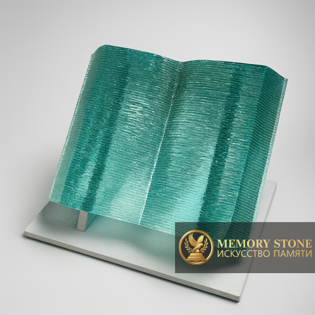 полупрозрачное зеленое надгробие в форме раскрытой книги на подставке