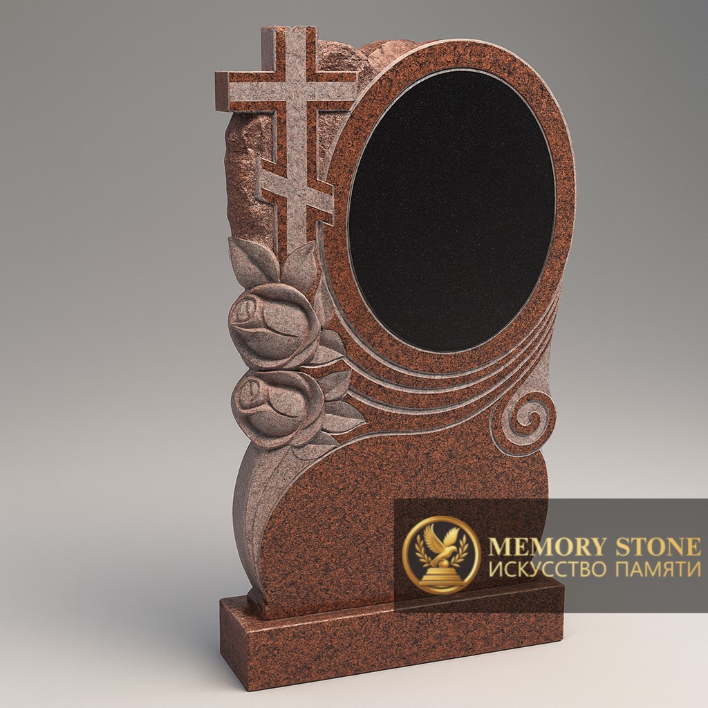 вертикальная ритуальная плита красного цвета с черной вставкой и резными цветами