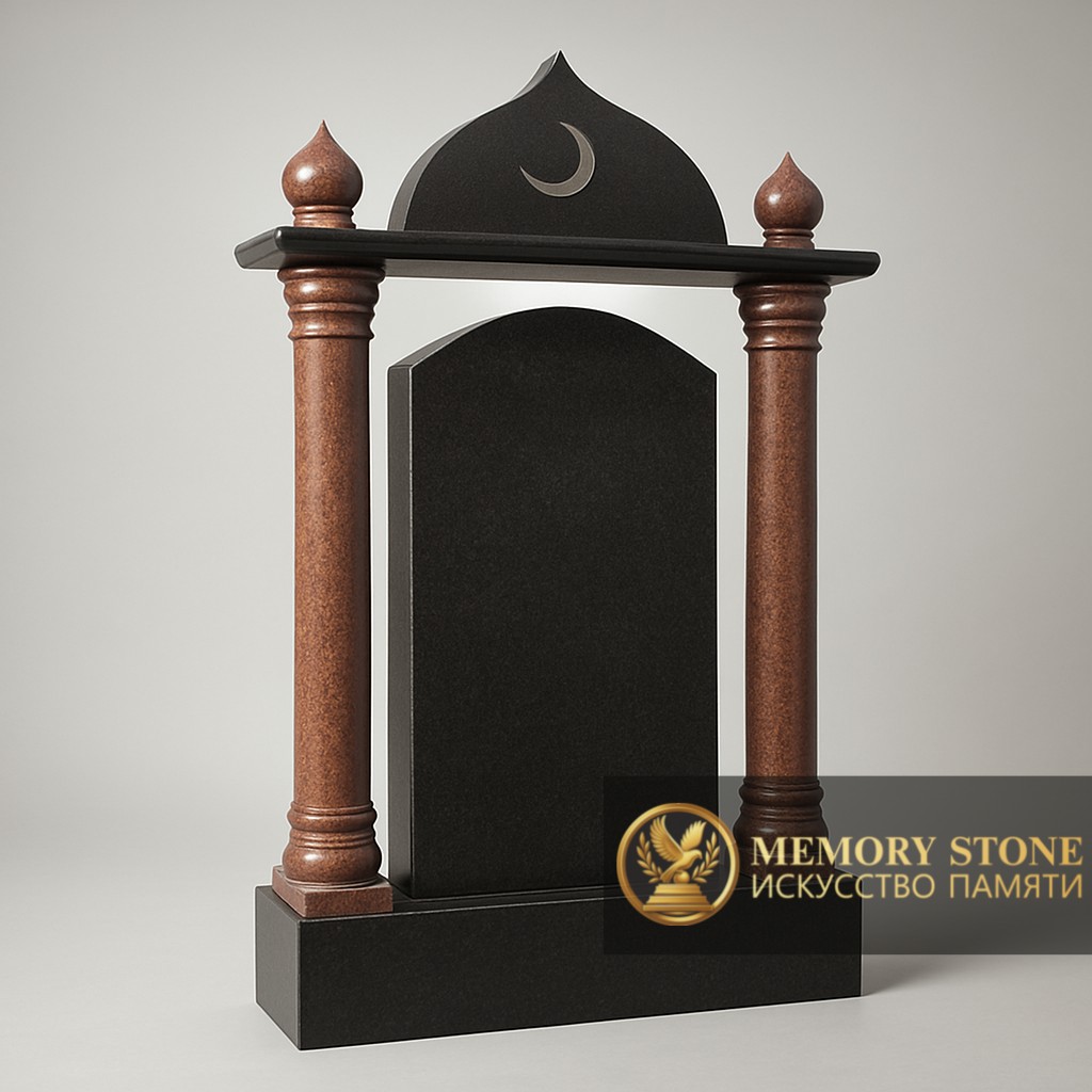 Памятник с коричневыми колоннами и черной стелой фото