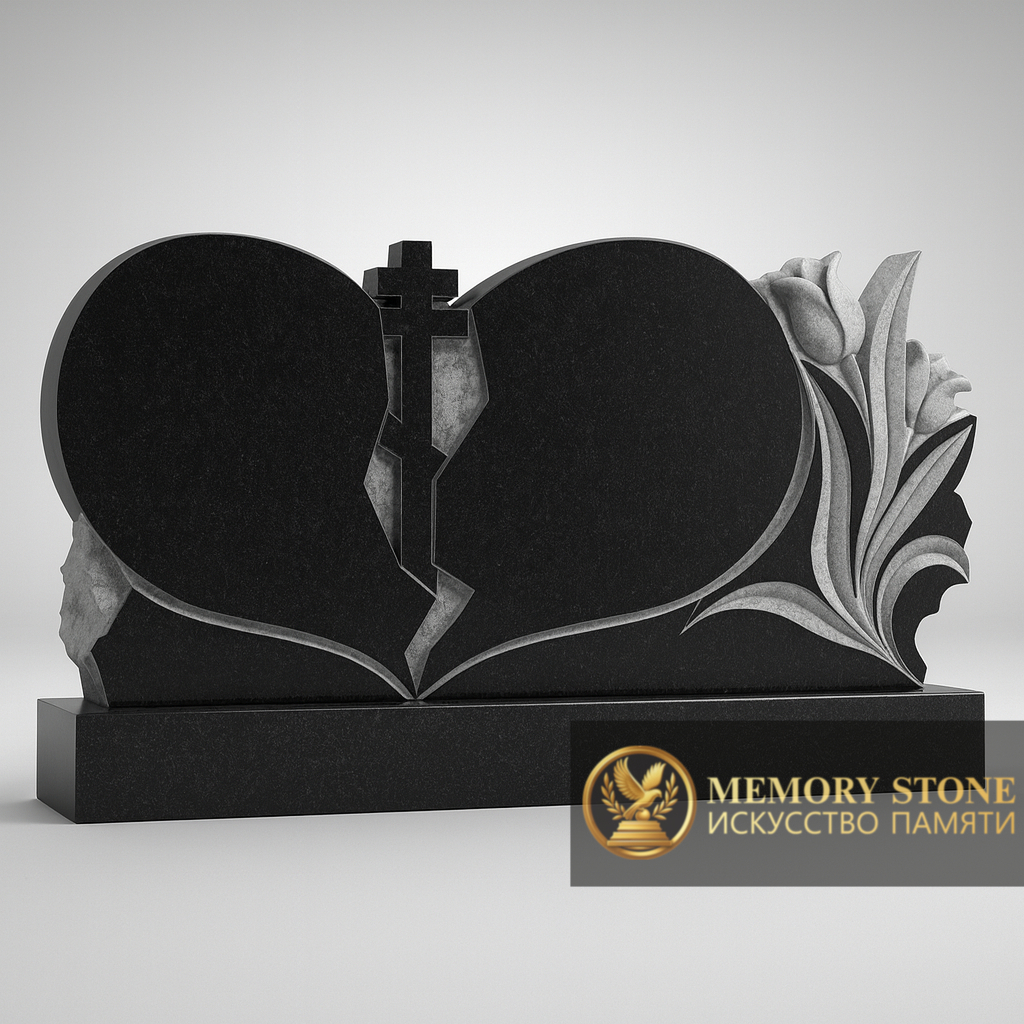широкое двойное надгробие в виде раскрытой книги или сердец с крестом