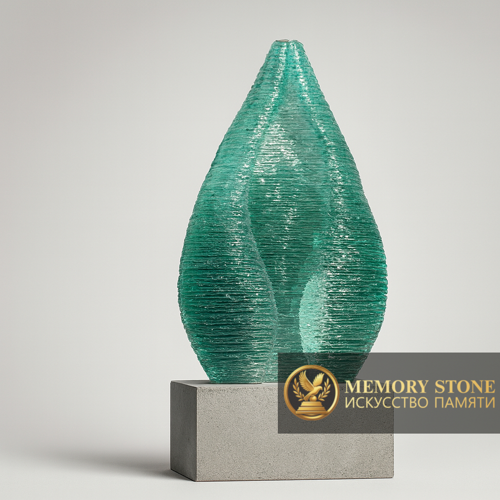 современное ритуальное надгробие из фактурного стекла зеленого цвета в форме пламени