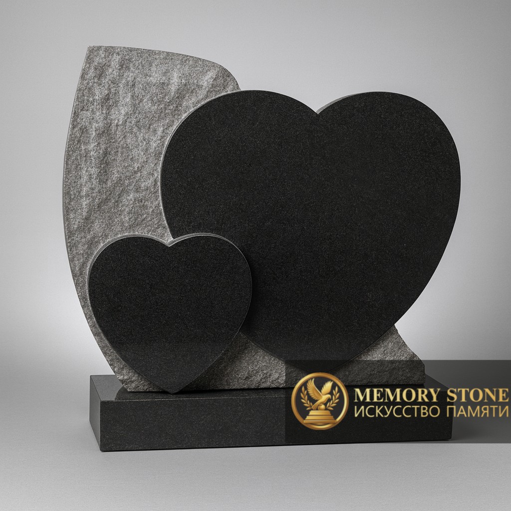 семейное надгробие из серого и черного гранита в виде наложенных сердец