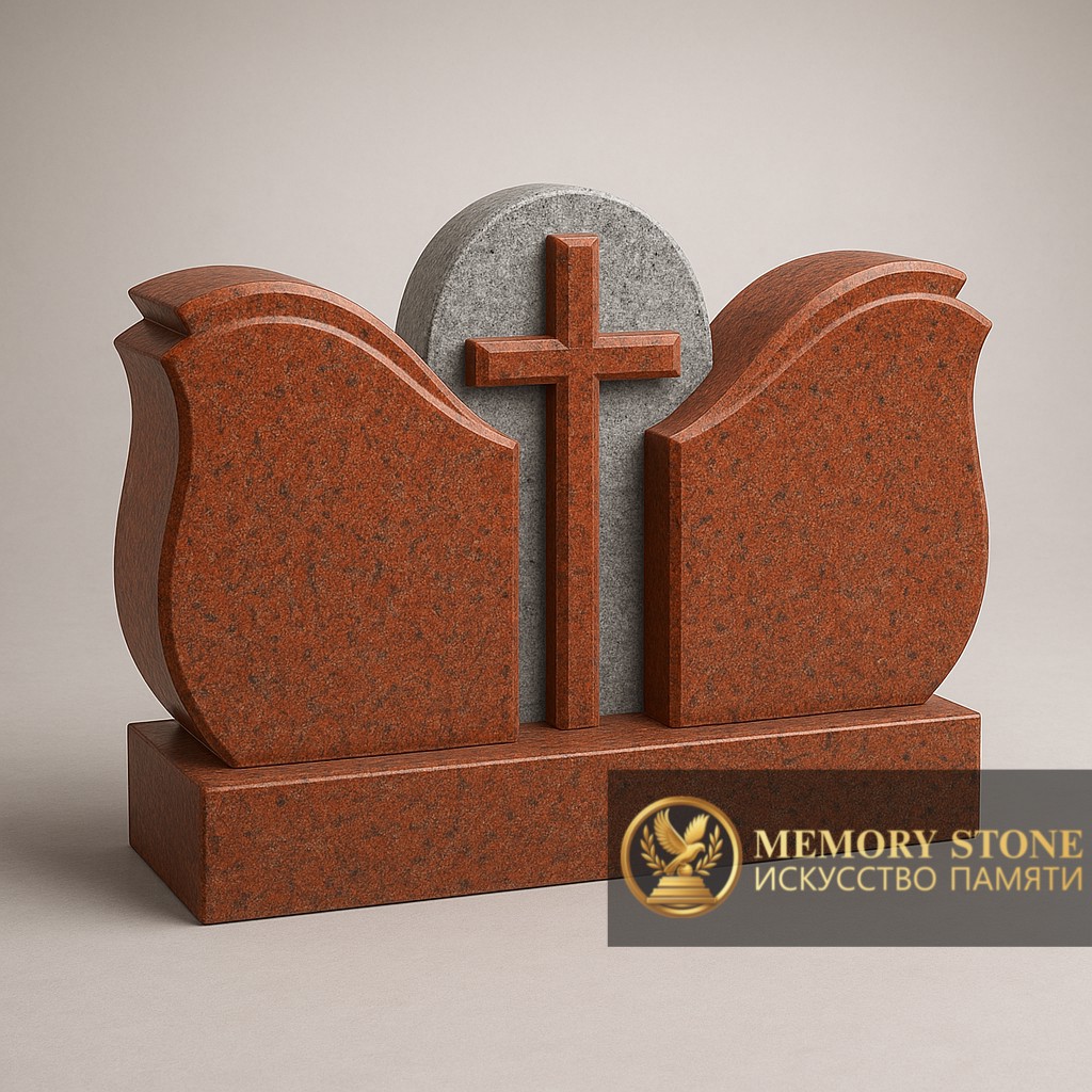 составной семейный памятник из красных плит с серым распятием по центру
