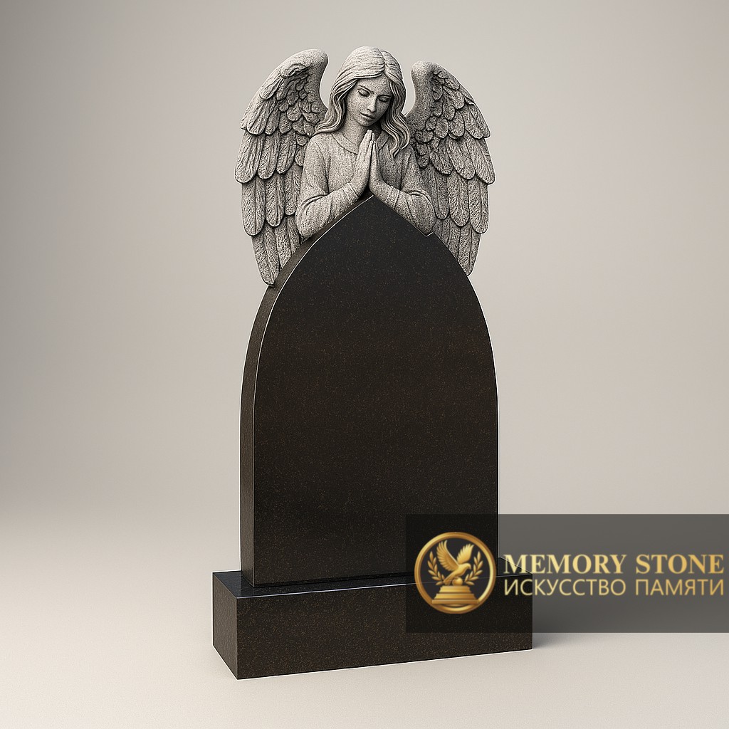 Памятник с объемной фигурой ангела и сложенными крыльями черный