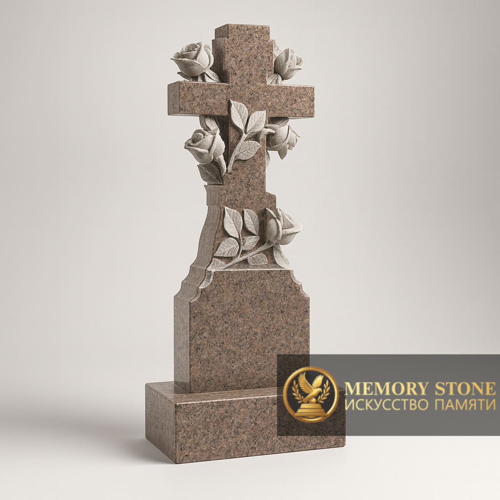 ритуальное распятие из темного шоколадного камня с резными цветами на голгофе