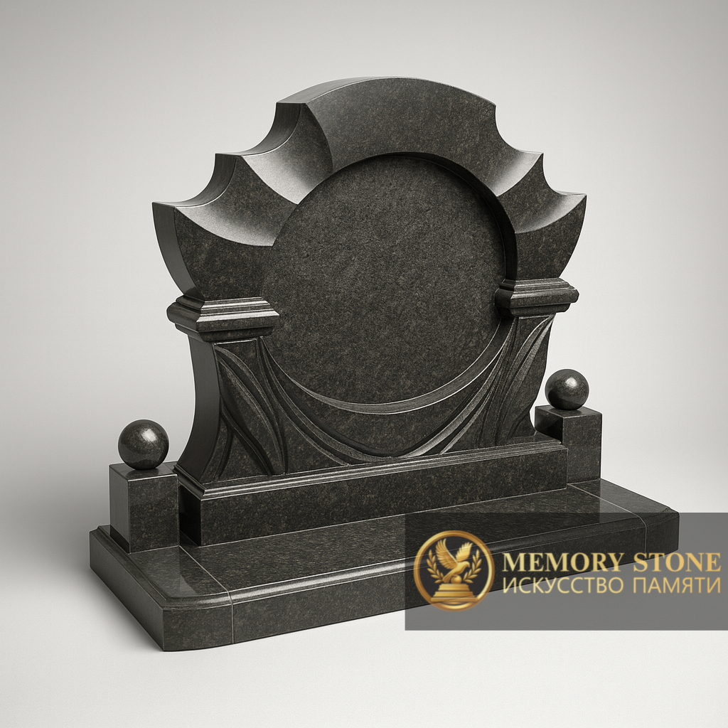 Элитный памятник необычной формы с цоколем и шарами черный