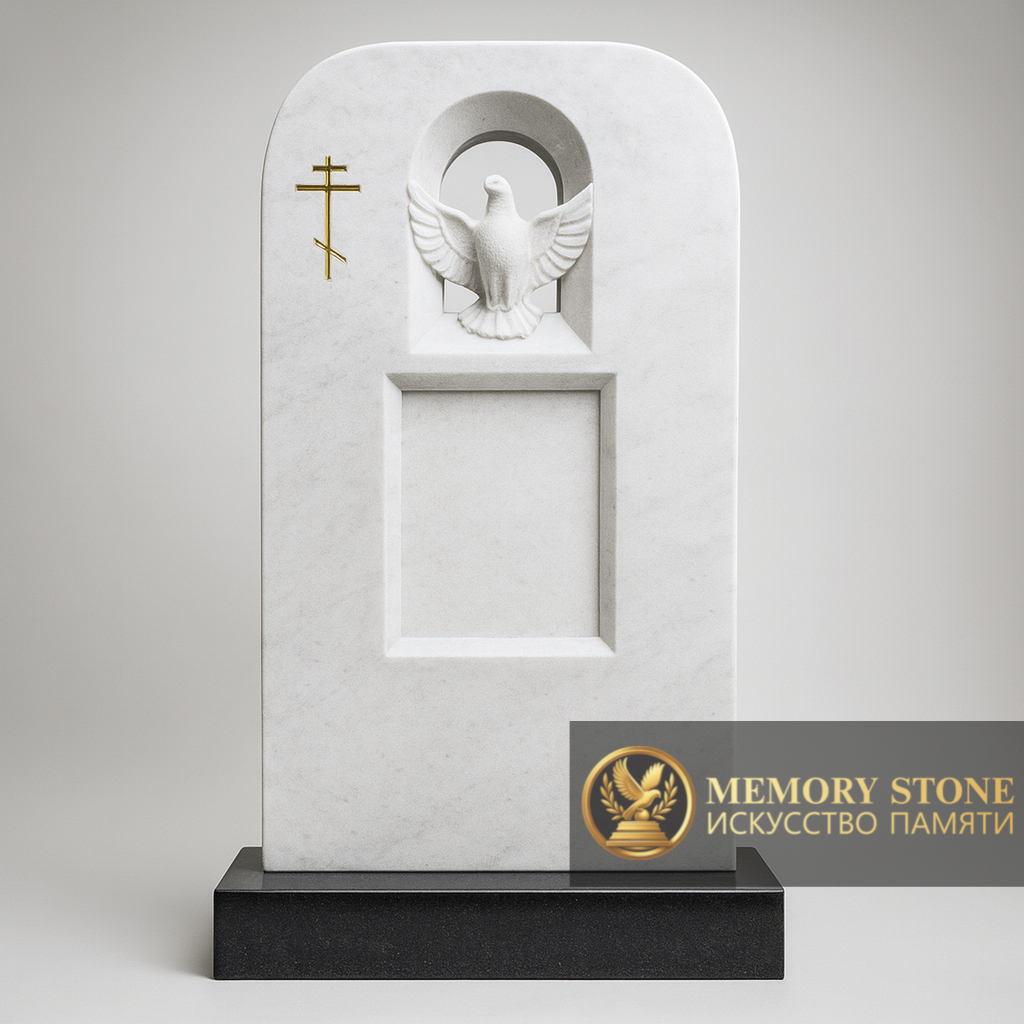 элитный белый памятник с барельефом птицы и православным символом в нише
