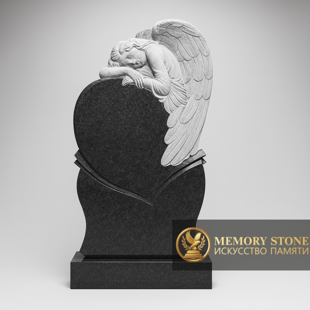 Элитный мемориал с объемной фигурой белоснежного ангела, склонившегося над черным сердцем
