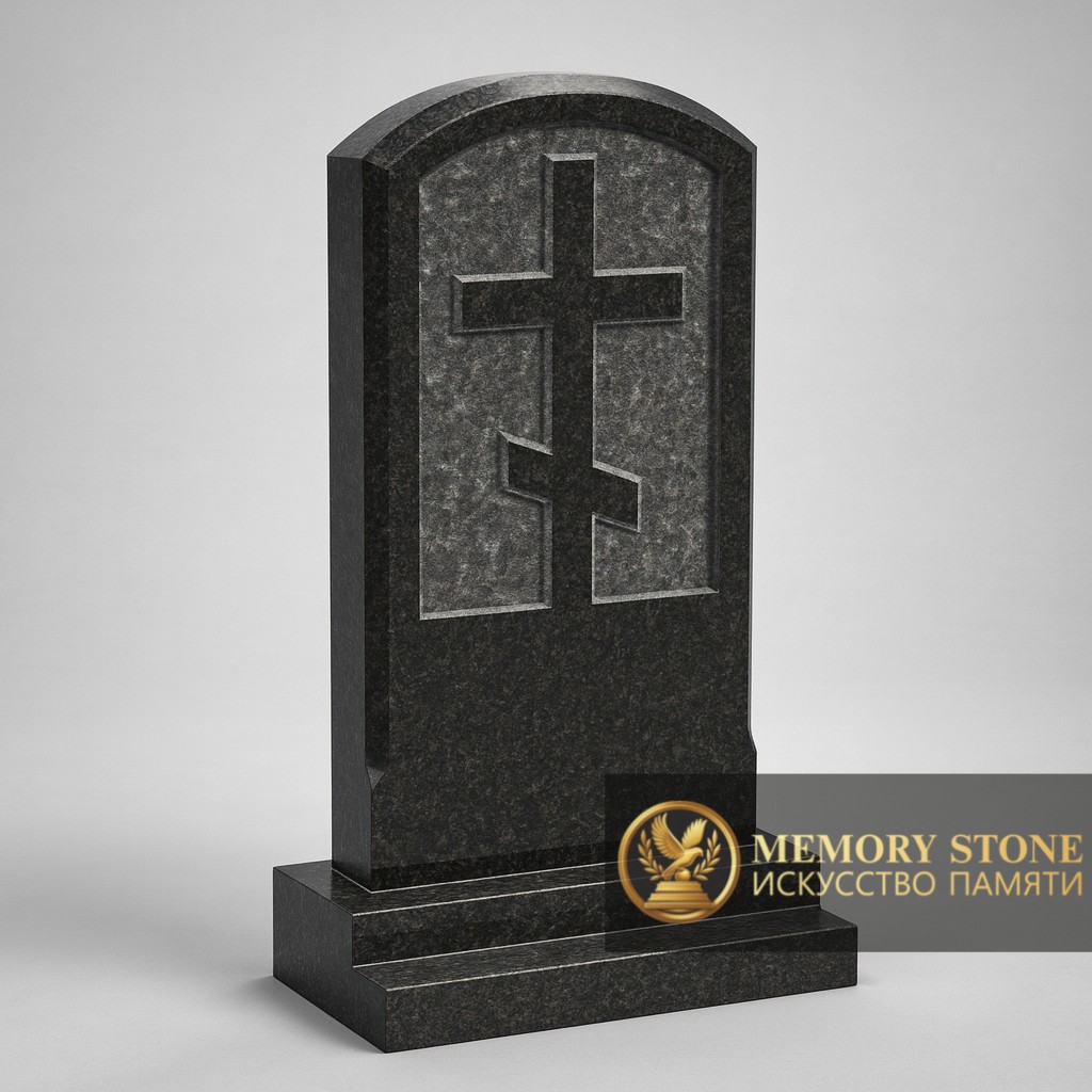 Лаконичная черная плита с прямоугольной нишей и выступающим православным распятием