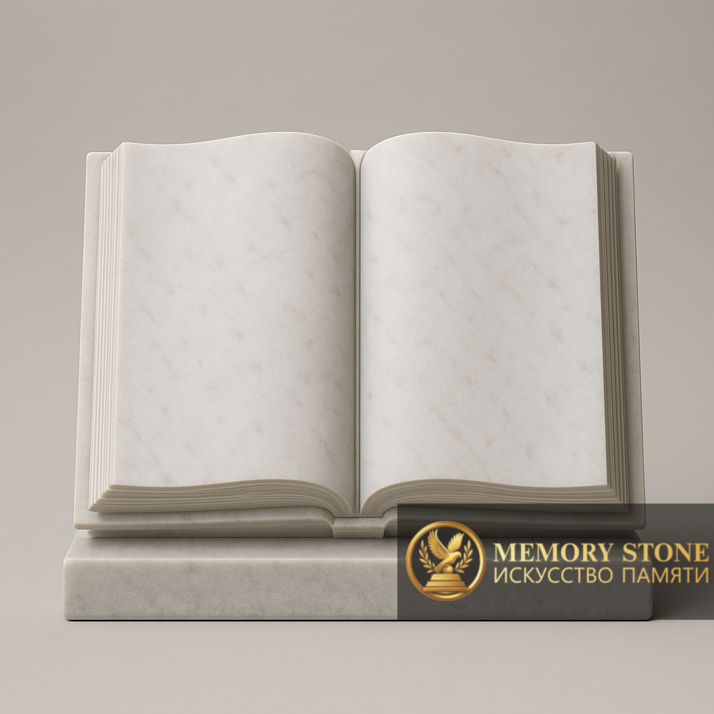горизонтальное надгробие в виде тома книги с объемными страницами из белого камня