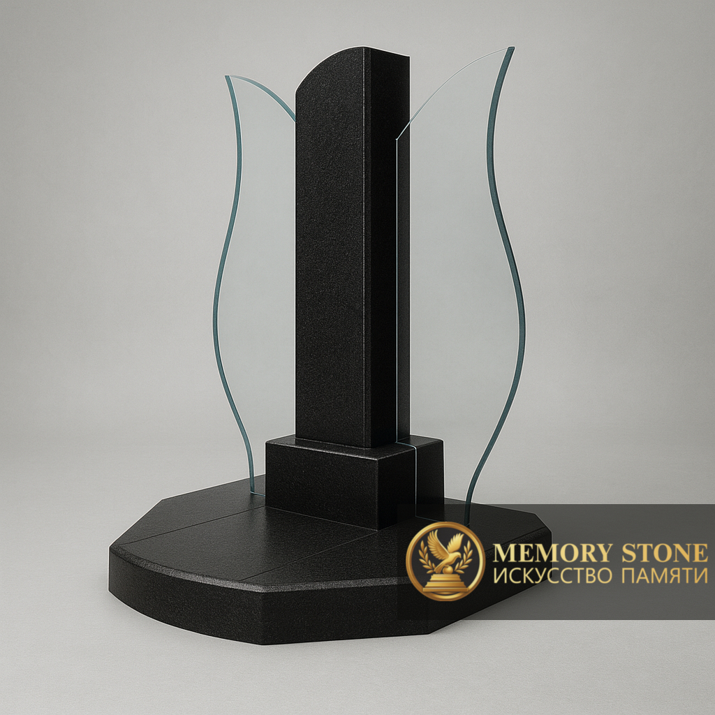 прозрачное стеклянное надгробие фигурной формы на черной каменной подставке