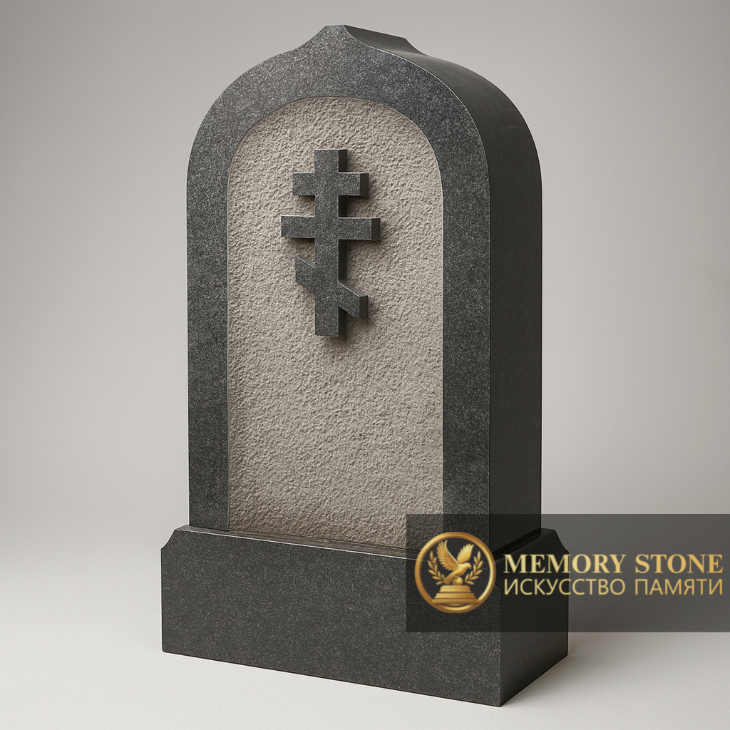 светлая плита с фактурой скала и объемным черным крестом по центру