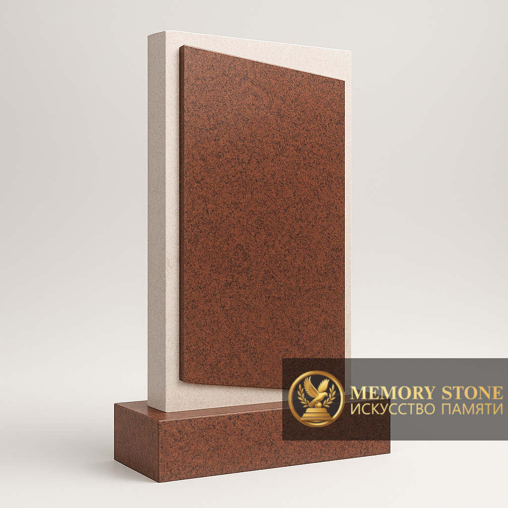 Комбинированный вертикальный памятник красный с белой накладкой