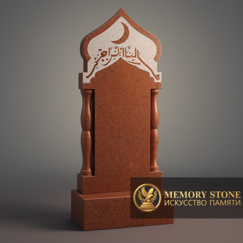 красный монумент с гравировкой мечети и религиозными символами мусульман
