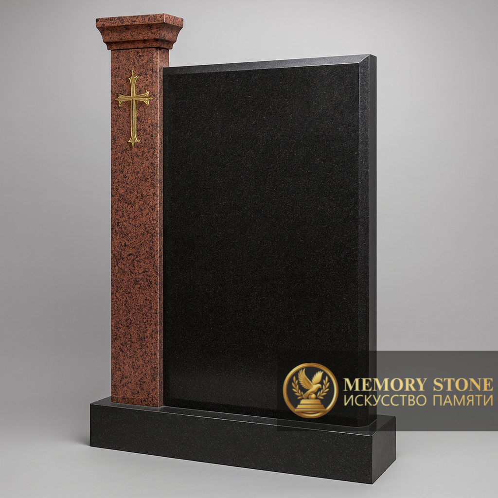 Элитный памятник с красной колонной и черной плитой фото
