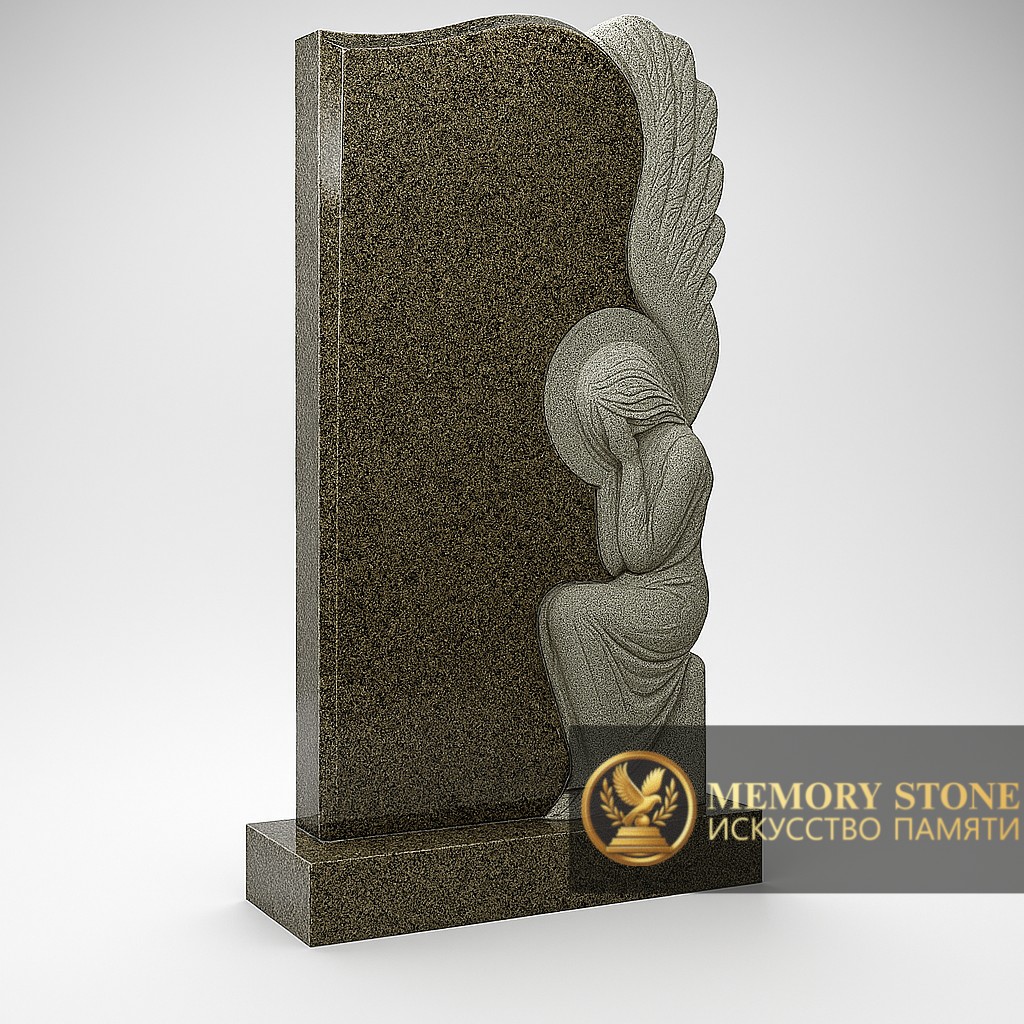резной монумент изумрудного цвета с объемной фигурой плачущей женщины