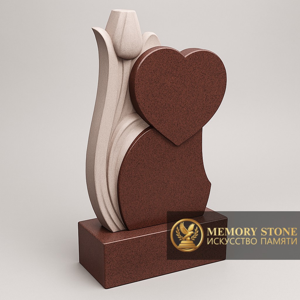 Фигурный памятник красный с белым цветком и сердцем фото
