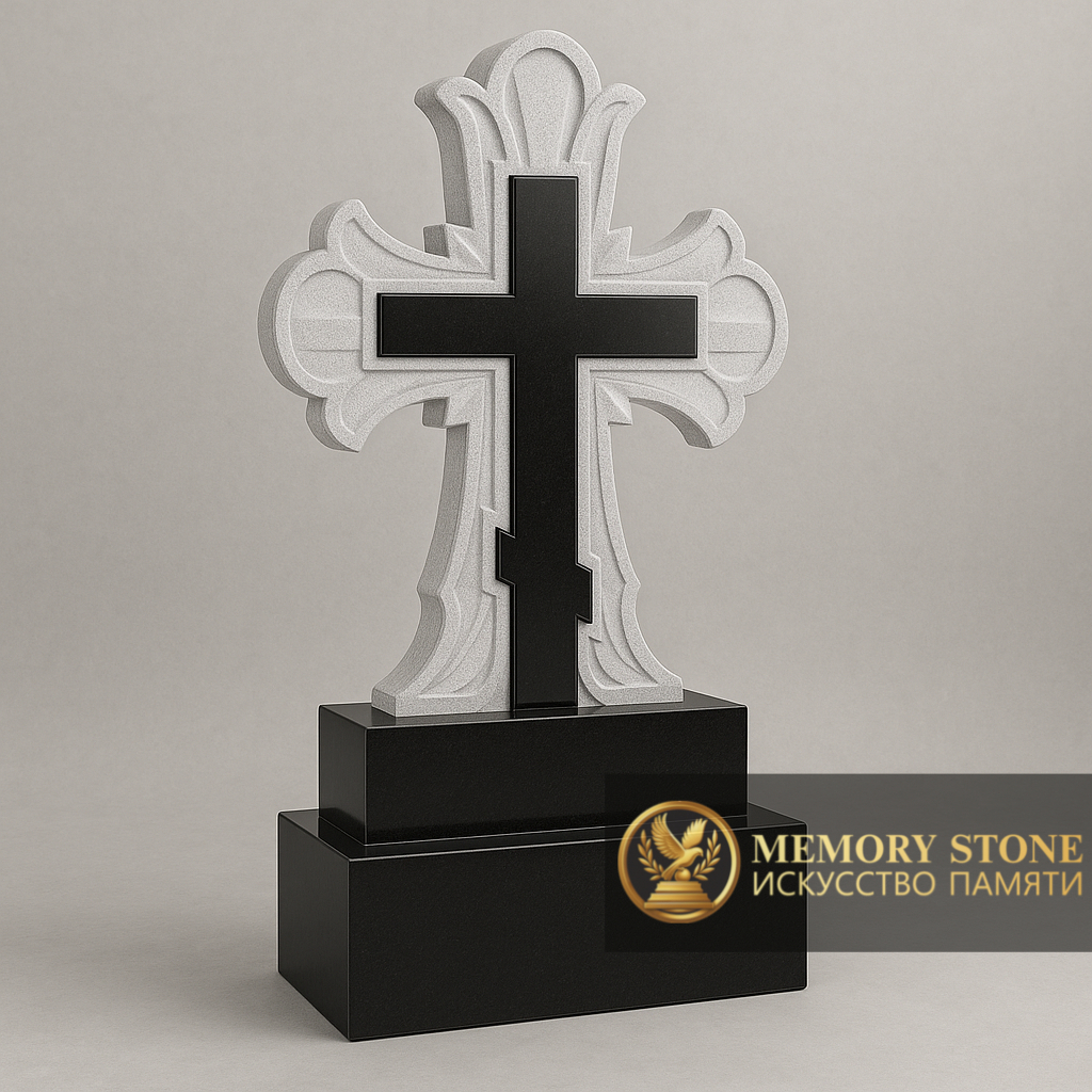 ритуальное распятие из белого камня на черном постаменте голгофа
